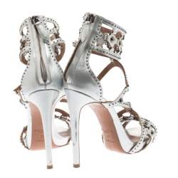Alaia Metallic Silver Studded Leather Cutout Cage Sandals Size 38