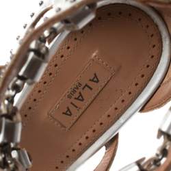 Alaia Metallic Silver Studded Leather Cutout Cage Sandals Size 38