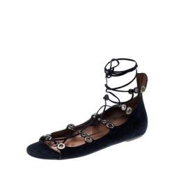 Pre Owned Alaia Blue Suede Eyelet Detail Tie Up Flat Sandals Size 41