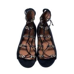 Pre Owned Alaia Blue Suede Eyelet Detail Tie Up Flat Sandals Size 41