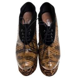 Pre Owned Alaia Brown Lizard Embossed Leather And Black Suede Platfrom Ankle Boots Size 36