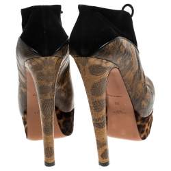 Pre Owned Alaia Brown Lizard Embossed Leather And Black Suede Platfrom Ankle Boots Size 36
