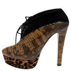 Pre Owned Alaia Brown Lizard Embossed Leather And Black Suede Platfrom Ankle Boots Size 36