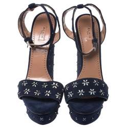 Pre Owned Alaia Navy Blue Floral Cutout Studded Suede Platform Wedge Sandals Size 41