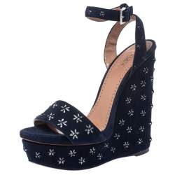 Pre Owned Alaia Navy Blue Floral Cutout Studded Suede Platform Wedge Sandals Size 41