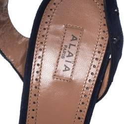 Pre Owned Alaia Navy Blue Floral Cutout Studded Suede Platform Wedge Sandals Size 41