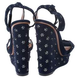 Pre Owned Alaia Navy Blue Floral Cutout Studded Suede Platform Wedge Sandals Size 41
