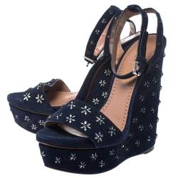 Pre Owned Alaia Navy Blue Floral Cutout Studded Suede Platform Wedge Sandals Size 41