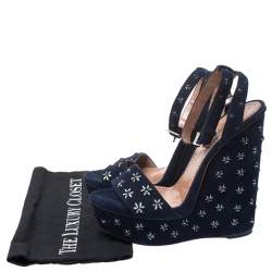 Pre Owned Alaia Navy Blue Floral Cutout Studded Suede Platform Wedge Sandals Size 41