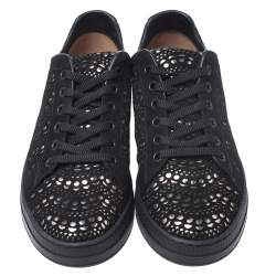 Pre Owned Alaia Black/Silver Laser Cut Suede Low Top Sneakers Size 38