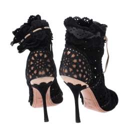 Pre Owned Alaia Black Laser Cut Suede Peep-Toe Ankle Bow Booties Size 40