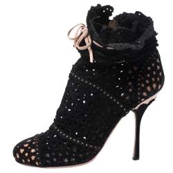 Pre Owned Alaia Black Laser Cut Suede Peep-Toe Ankle Bow Booties Size 40