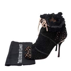 Pre Owned Alaia Black Laser Cut Suede Peep-Toe Ankle Bow Booties Size 40