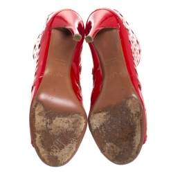 Pre Owned Alaia Red Laser Cut Patent Leather Peep-Toe Ankle Booties Size 39