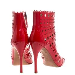 Pre Owned Alaia Red Laser Cut Patent Leather Peep-Toe Ankle Booties Size 39