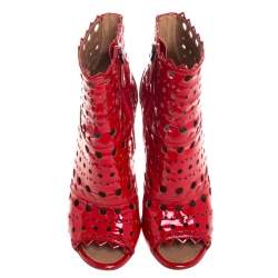 Pre Owned Alaia Red Laser Cut Patent Leather Peep-Toe Ankle Booties Size 39