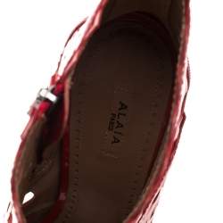 Pre Owned Alaia Red Laser Cut Patent Leather Peep-Toe Ankle Booties Size 39