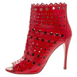 Pre Owned Alaia Red Laser Cut Patent Leather Peep-Toe Ankle Booties Size 39