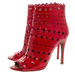 Pre Owned Alaia Red Laser Cut Patent Leather Peep-Toe Ankle Booties Size 39
