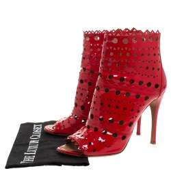 Pre Owned Alaia Red Laser Cut Patent Leather Peep-Toe Ankle Booties Size 39