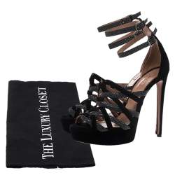 Alaia Black/Grey Suede And Stingray Leather Strappy Platform Double Ankle Strap Sandals Size 39