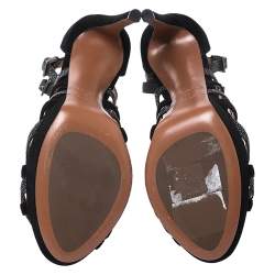 Alaia Black/Grey Suede And Stingray Leather Strappy Platform Double Ankle Strap Sandals Size 39