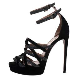 Alaia Black/Grey Suede And Stingray Leather Strappy Platform Double Ankle Strap Sandals Size 39