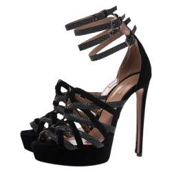 Alaia Black/Grey Suede And Stingray Leather Strappy Platform Double Ankle Strap Sandals Size 39