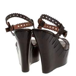 Pre Owned Alaia Brown Cutout Leather Wedge Sandals Size 38