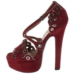 Alaia Maroon Suede Scallop Trim Eyelet Embellished Platform Sandals Size 37