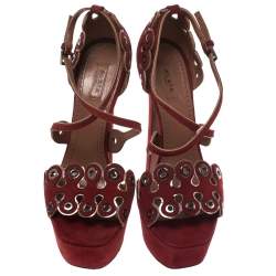 Alaia Maroon Suede Scallop Trim Eyelet Embellished Platform Sandals Size 37