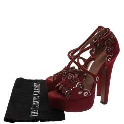 Alaia Maroon Suede Scallop Trim Eyelet Embellished Platform Sandals Size 37