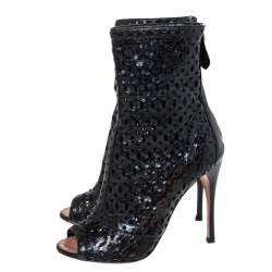 Pre Owned Alaia Black Cut Out Leather Peep-Toe Ankle Booties Size 37