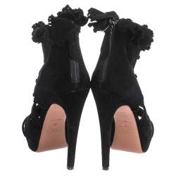 Pre Owned Alaia Black Suede Ruffle Accented Strappy Platform Sandals Size 38