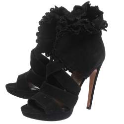 Pre Owned Alaia Black Suede Ruffle Accented Strappy Platform Sandals Size 38