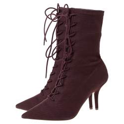 Pre Owned Yeezy Season 5 Burgundy Stretch Canvas Lace Up Pointed Toe Boots Size 39.5