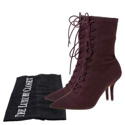 Pre Owned Yeezy Season 5 Burgundy Stretch Canvas Lace Up Pointed Toe Boots Size 39.5