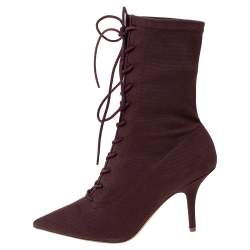Pre Owned Yeezy Season 5 Burgundy Stretch Canvas Lace Up Pointed Toe Boots Size 39.5