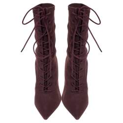 Pre Owned Yeezy Season 5 Burgundy Stretch Canvas Lace Up Pointed Toe Boots Size 39.5