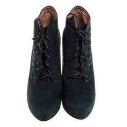 Pre Owned Alaia Two Tone Laser Cut Suede Platform Lace Up Booties Size 38.5