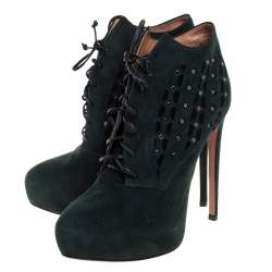 Pre Owned Alaia Two Tone Laser Cut Suede Platform Lace Up Booties Size 38.5