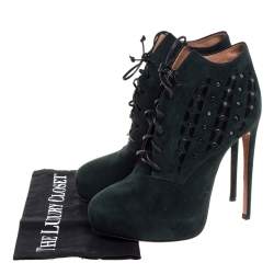 Pre Owned Alaia Two Tone Laser Cut Suede Platform Lace Up Booties Size 38.5