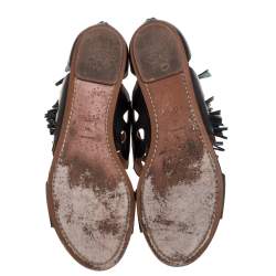 Pre Owned Alaia Black Leather and Straw Cut Out Fringes Flat Sandals Size 39