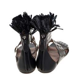 Pre Owned Alaia Black Leather and Straw Cut Out Fringes Flat Sandals Size 39
