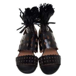 Pre Owned Alaia Black Leather and Straw Cut Out Fringes Flat Sandals Size 39