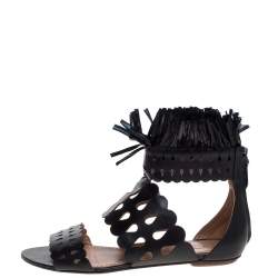 Pre Owned Alaia Black Leather and Straw Cut Out Fringes Flat Sandals Size 39
