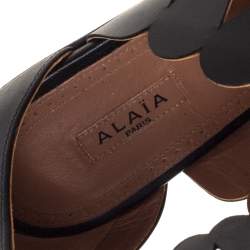 Pre Owned Alaia Black Leather and Straw Cut Out Fringes Flat Sandals Size 39