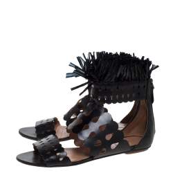 Pre Owned Alaia Black Leather and Straw Cut Out Fringes Flat Sandals Size 39
