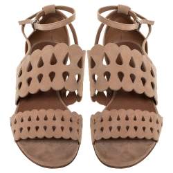 Pre Owned Alaia Beige Laser Cut Suede Open Toe Flat Sandals Size 38.5