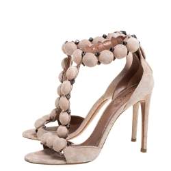 Pre Owned Alaia Beige Suede Studded 'Bombe' T-Strap Ankle Cuff Sandals Size 38.5